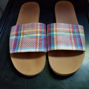 Madewell Maddie rainbow plaid slides